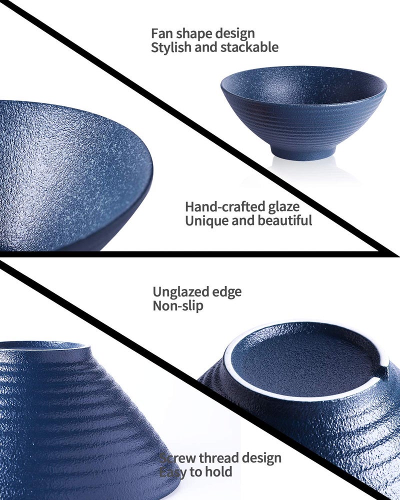 Kanwone Ceramic Japanese Ramen Bowl Set, Noodle Soup Bowls - 60 Ounce, with Matching Spoons and Chopsticks for Udon Soba Pho Asian Noodles, Set of 2, Navy - Image 3